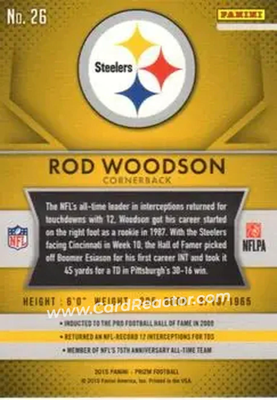 2015 Panini Prizm #26 - Rod Woodson - Pittsburgh Steelers - Back