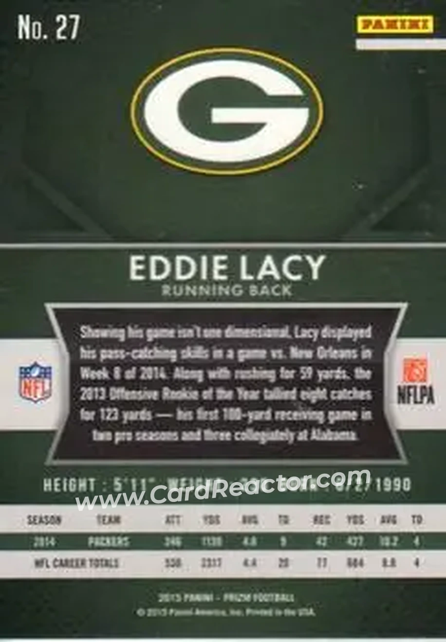 2015 Panini Prizm #27 - Eddie Lacy - Green Bay Packers - Back