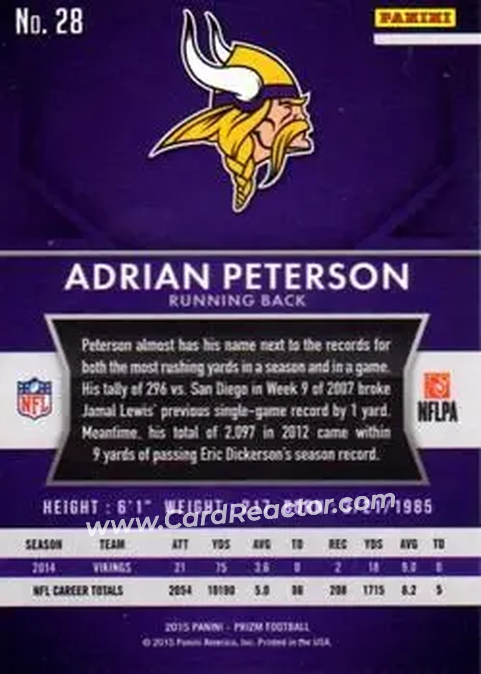 2015 Panini Prizm #28 - Adrian Peterson - Minnesota Vikings - Back