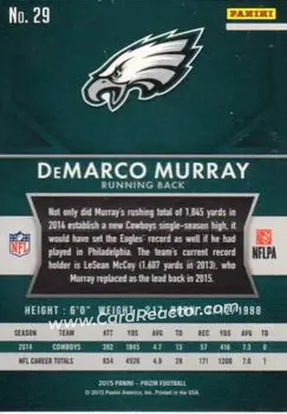 2015 Panini Prizm #29 - DeMarco Murray - Philadelphia Eagles - Back