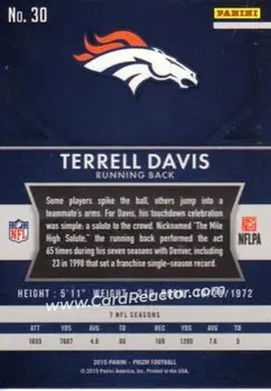 2015 Panini Prizm #30 - Terrell Davis - Denver Broncos - Back 2015 Panini Prizm #30 - Terrell Davis - Denver Broncos - Back