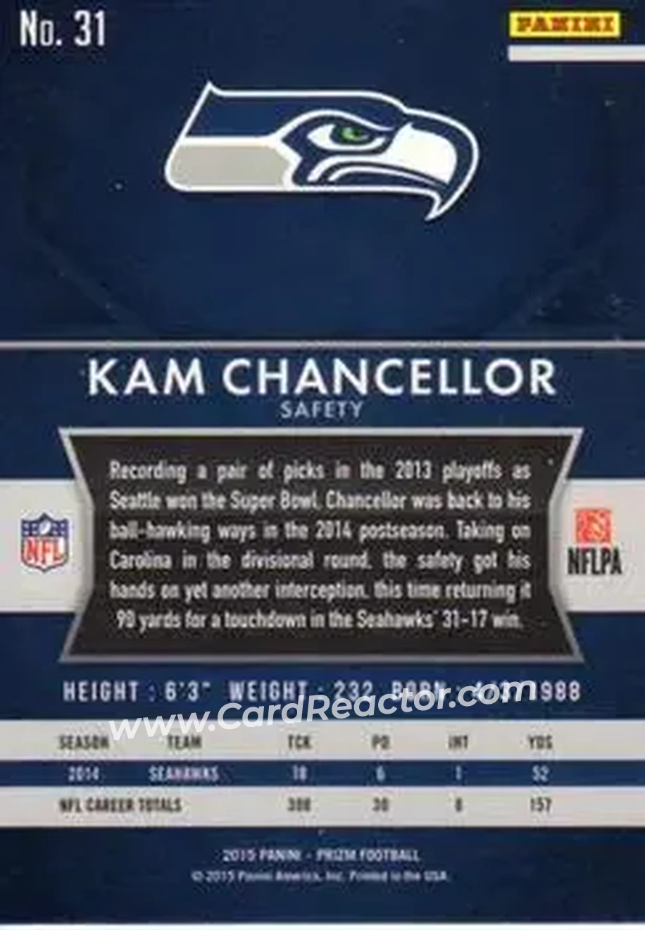 2015 Panini Prizm #31 - Kam Chancellor - Seattle Seahawks - Back