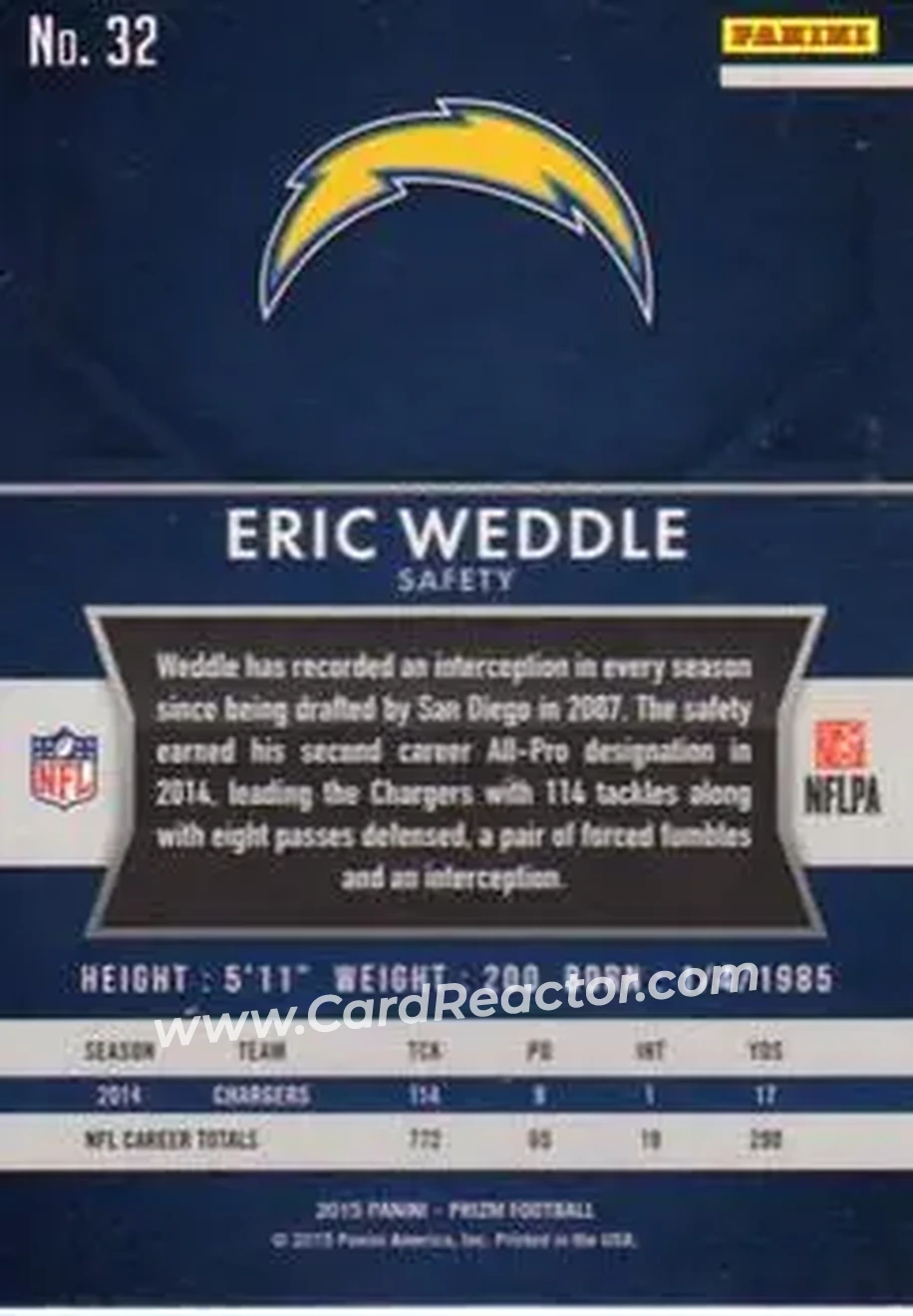 2015 Panini Prizm #32 - Eric Weddle - San Diego Chargers - Back 2015 Panini Prizm #32 - Eric Weddle - San Diego Chargers - Back