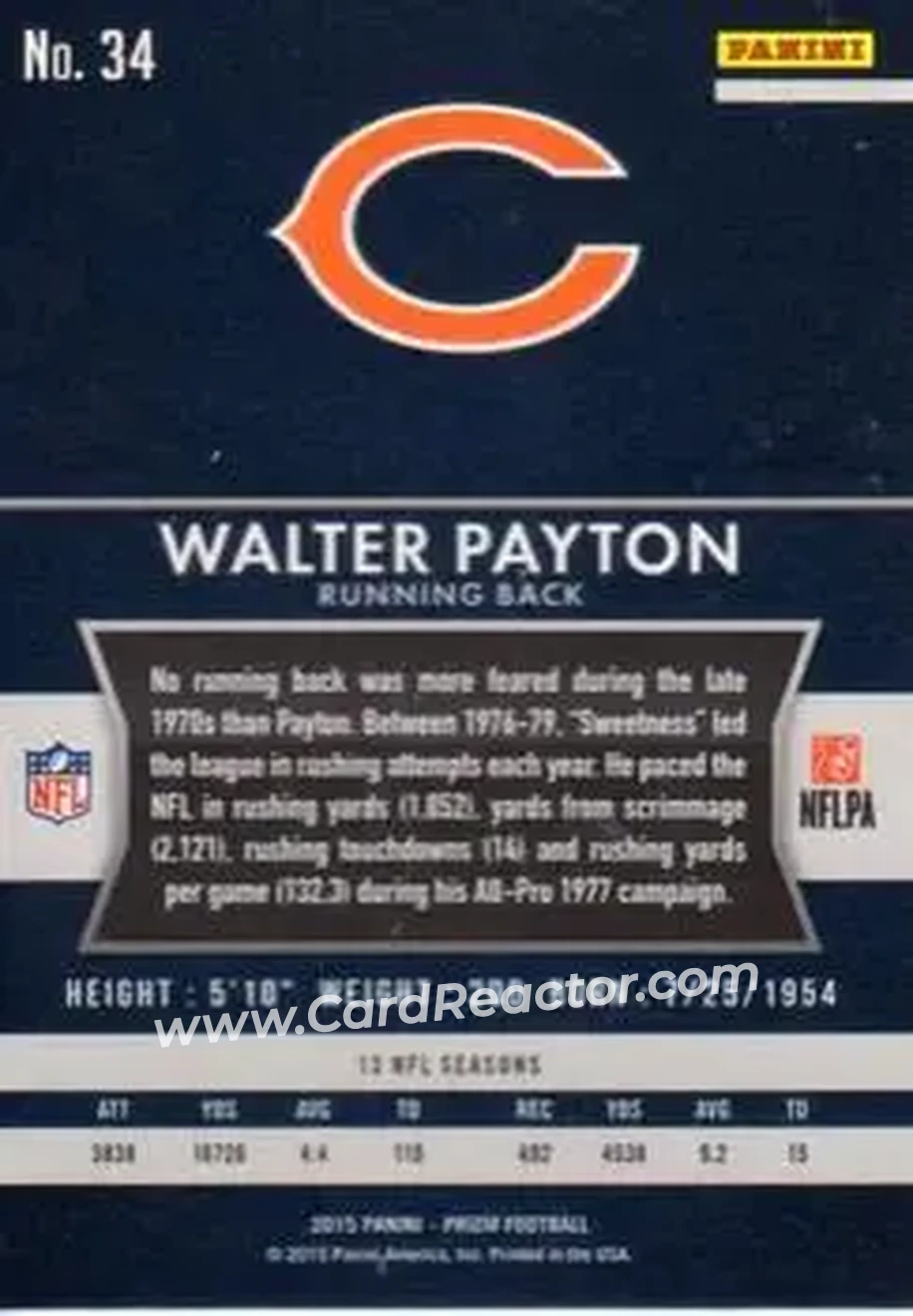 2015 Panini Prizm #34 - Walter Payton - Chicago Bears - Back