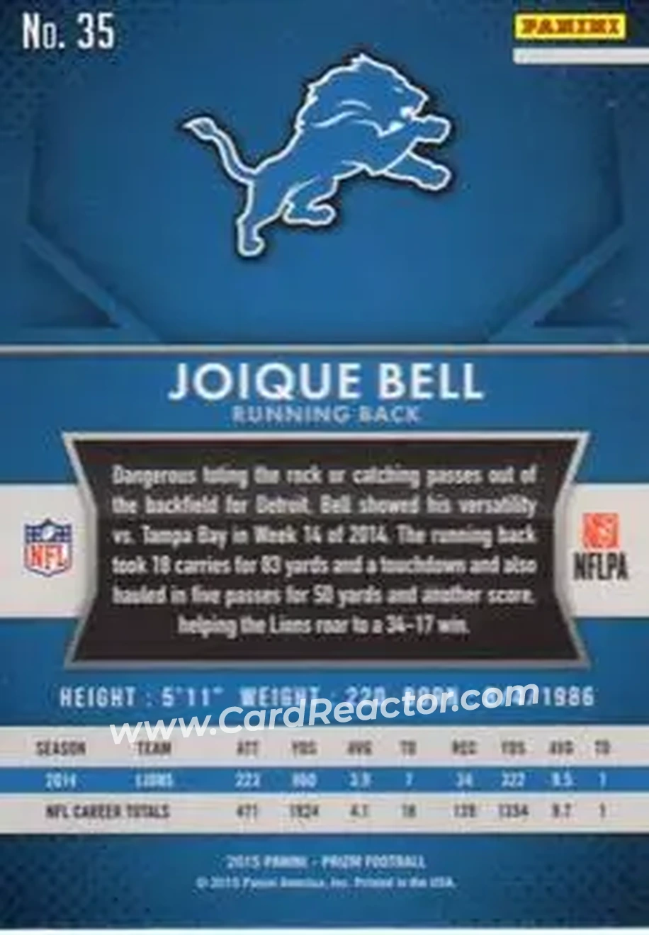2015 Panini Prizm #35 - Joique Bell - Detroit Lions - Back