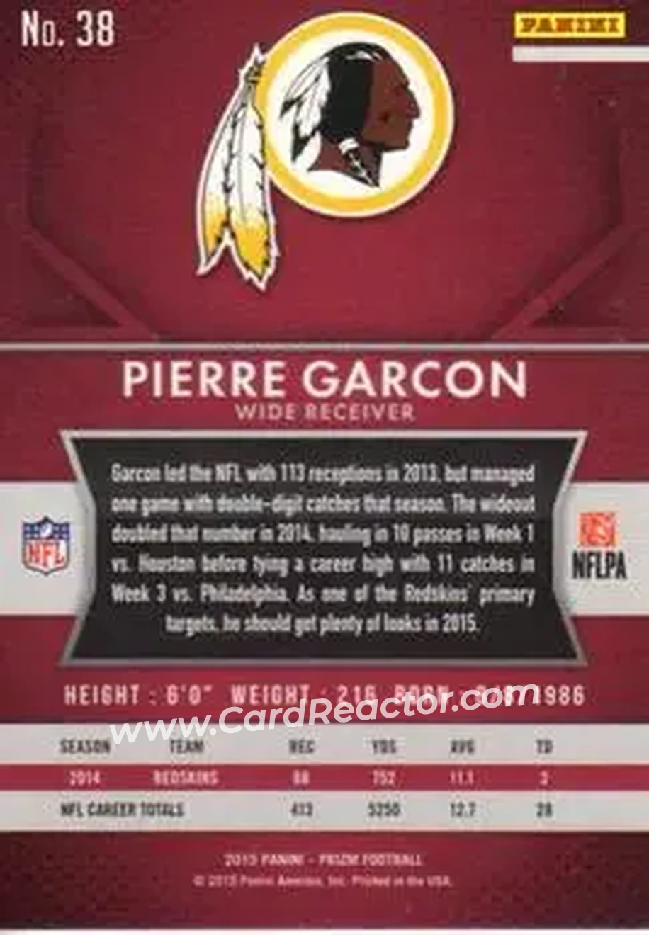 2015 Panini Prizm #38 - Pierre Garcon - Washington Redskins - Back