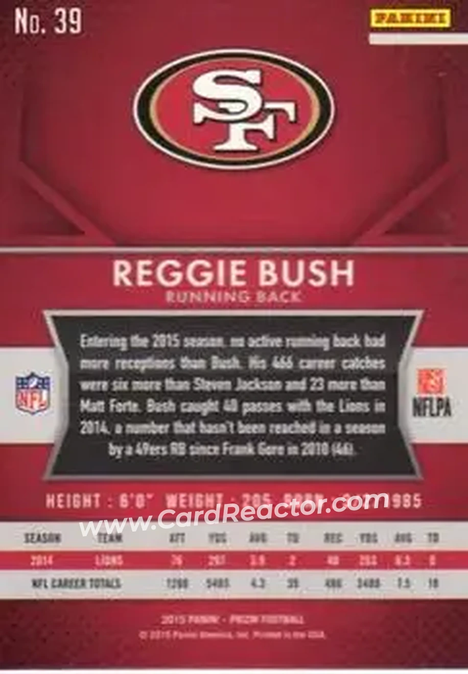 2015 Panini Prizm #39 - Reggie Bush - San Francisco 49ers - Back