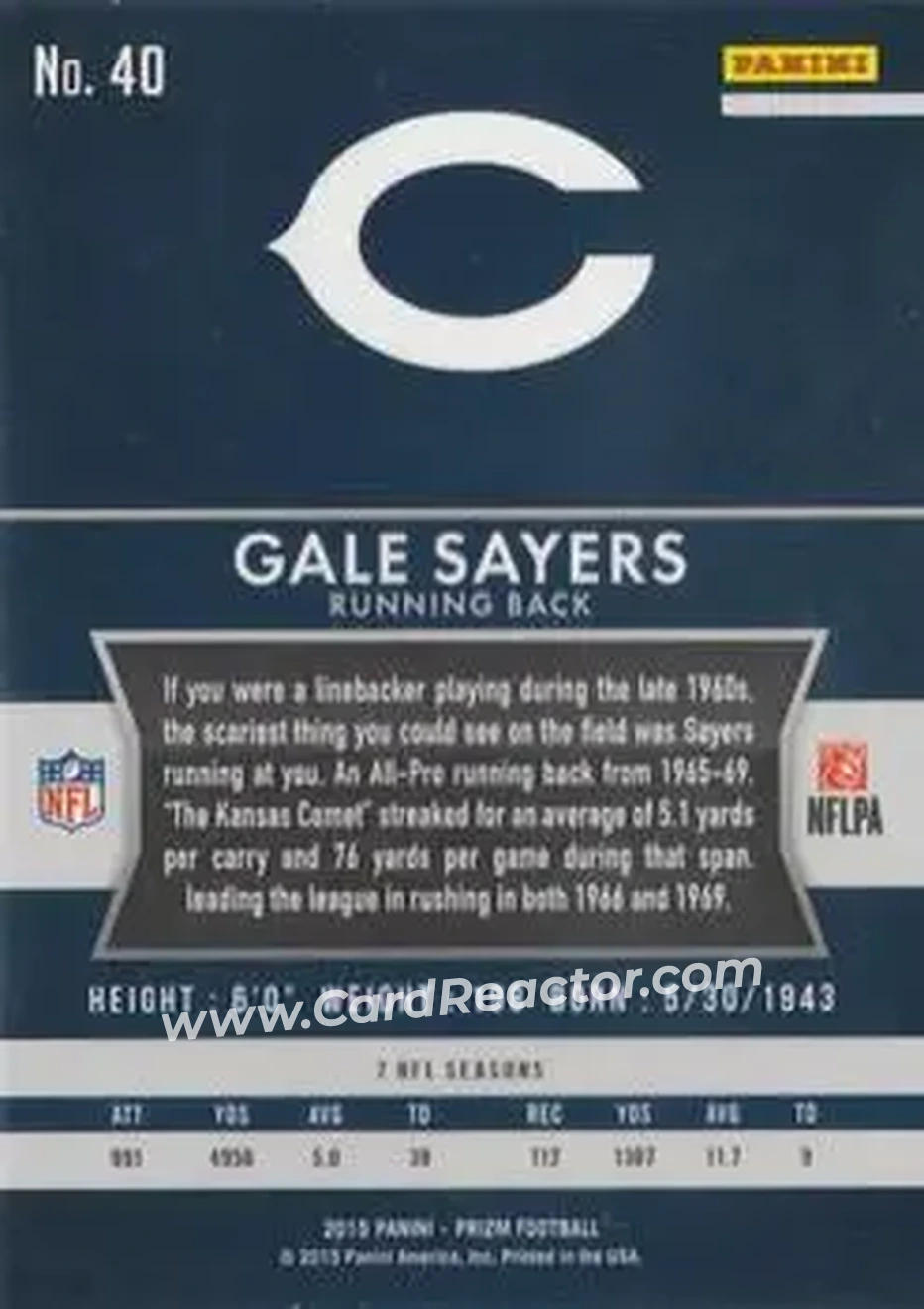 2015 Panini Prizm #40 - Gale Sayers - Chicago Bears - Back