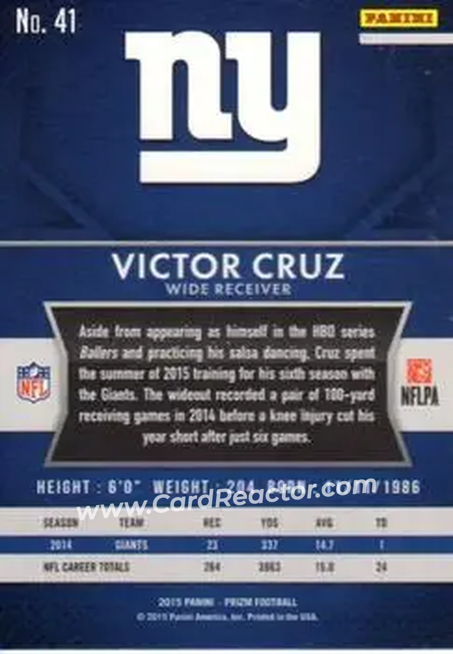 2015 Panini Prizm #41 - Victor Cruz - New York Giants - Back