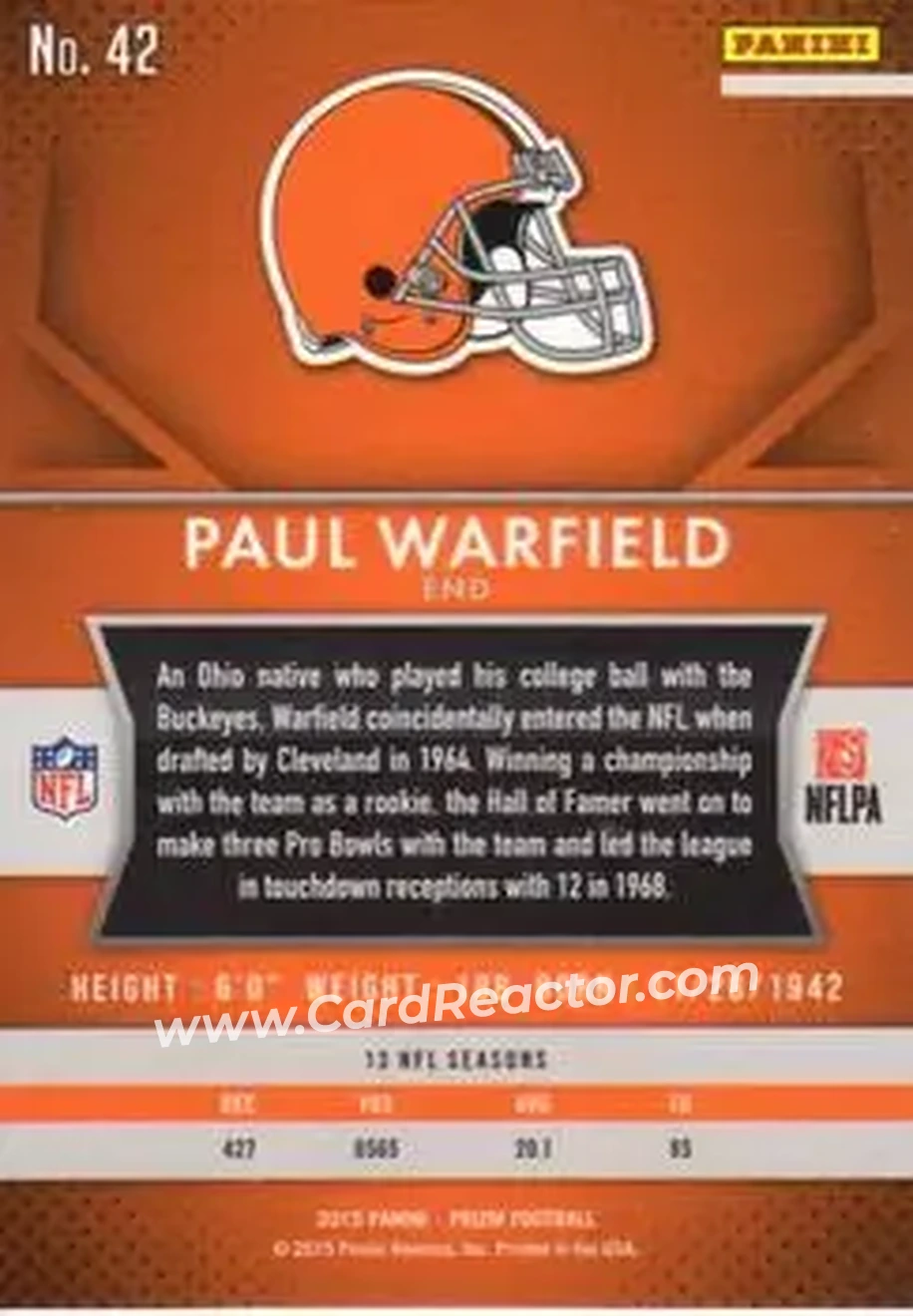 2015 Panini Prizm #42 - Paul Warfield - Cleveland Browns - Back 2015 Panini Prizm #42 - Paul Warfield - Cleveland Browns - Back