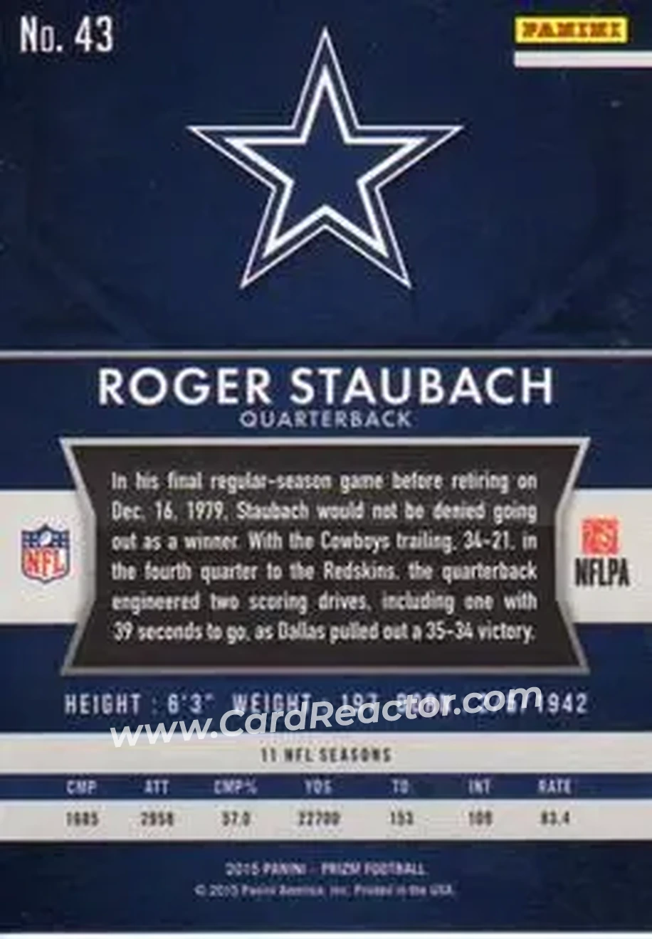 2015 Panini Prizm #43 - Roger Staubach - Dallas Cowboys - Back 2015 Panini Prizm #43 - Roger Staubach - Dallas Cowboys - Back
