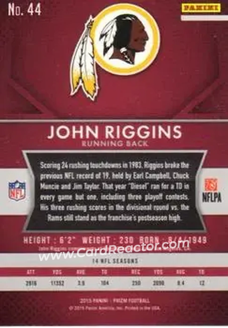 2015 Panini Prizm #44 - John Riggins - Washington Redskins - Back