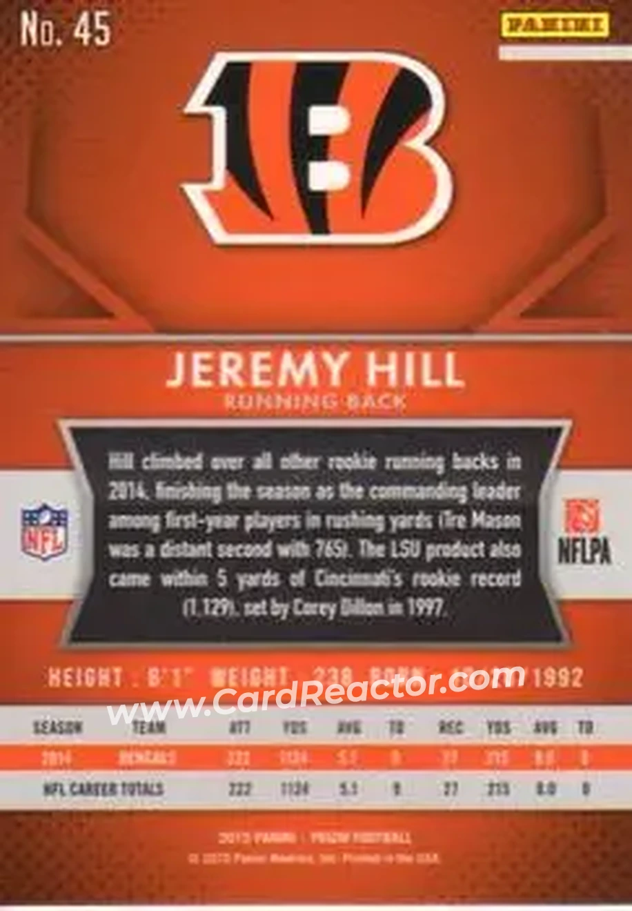 2015 Panini Prizm #45 - Jeremy Hill - Cincinnati Bengals - Back