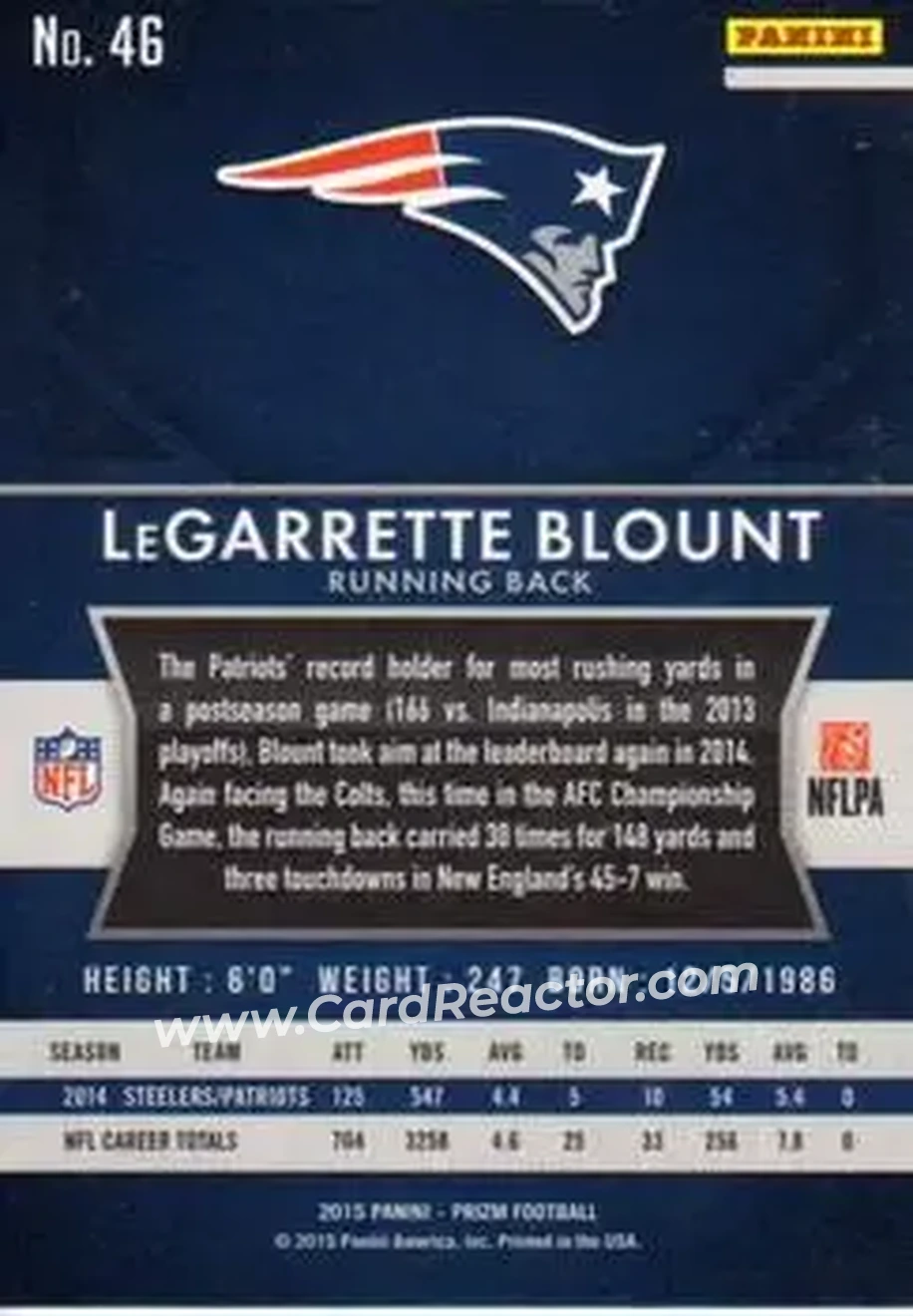 2015 Panini Prizm #46 - LeGarrette Blount - New England Patriots - Back