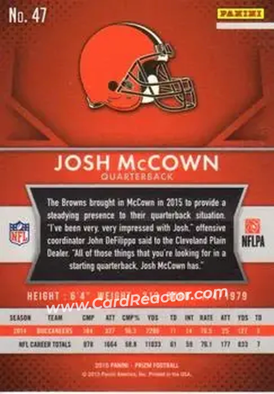 2015 Panini Prizm #47 - Josh McCown - Cleveland Browns - Back