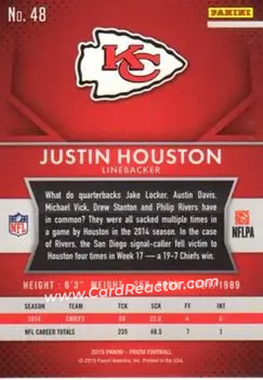 2015 Panini Prizm #48 - Justin Houston - Kansas City Chiefs - Back