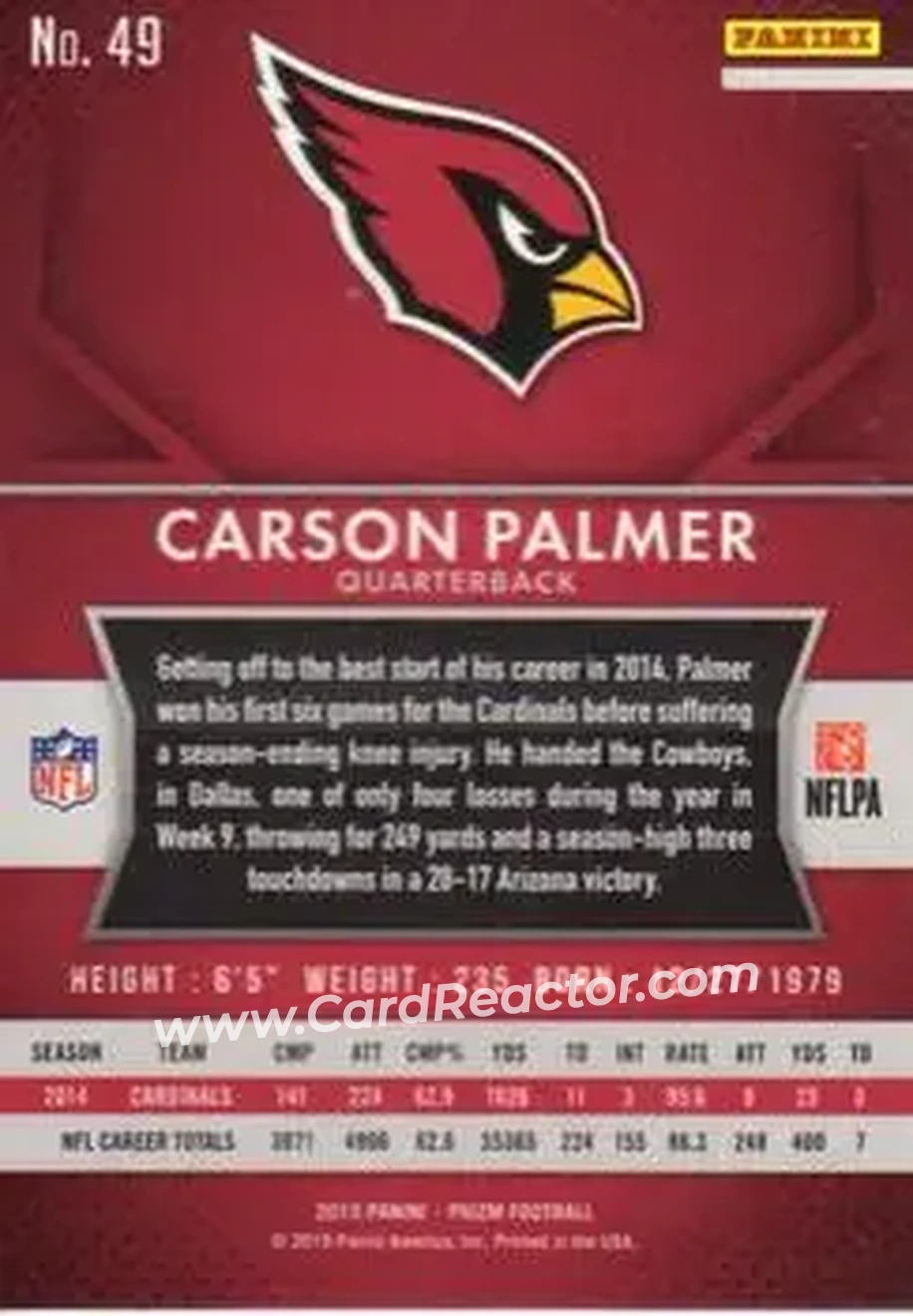 2015 Panini Prizm #49 - Carson Palmer - Arizona Cardinals - Back