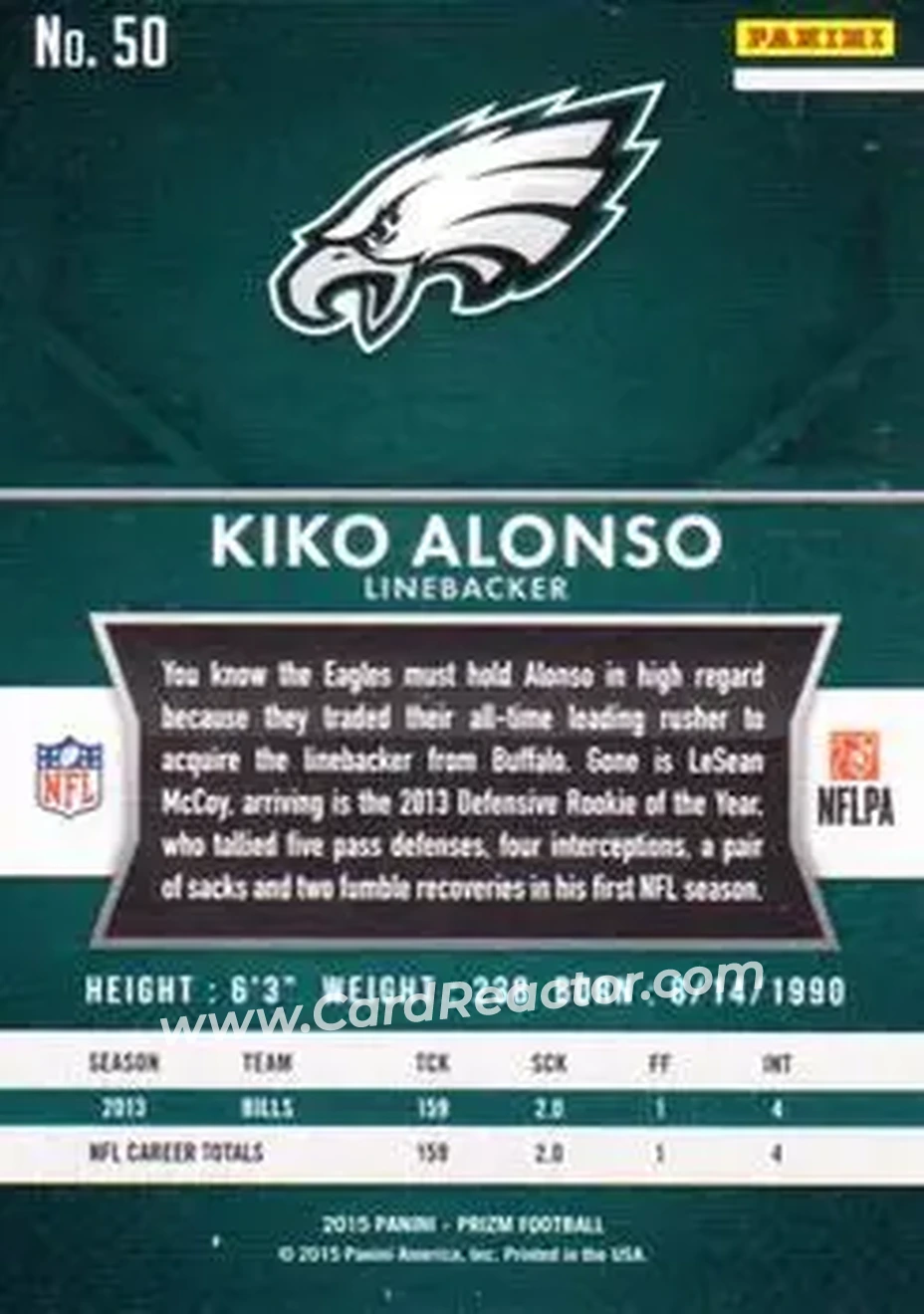 2015 Panini Prizm #50 - Kiko Alonso - Philadelphia Eagles - Back
