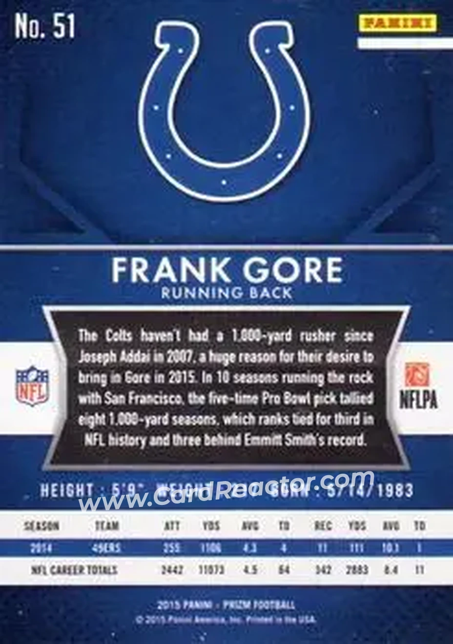 2015 Panini Prizm #51 - Frank Gore - Indianapolis Colts - Back