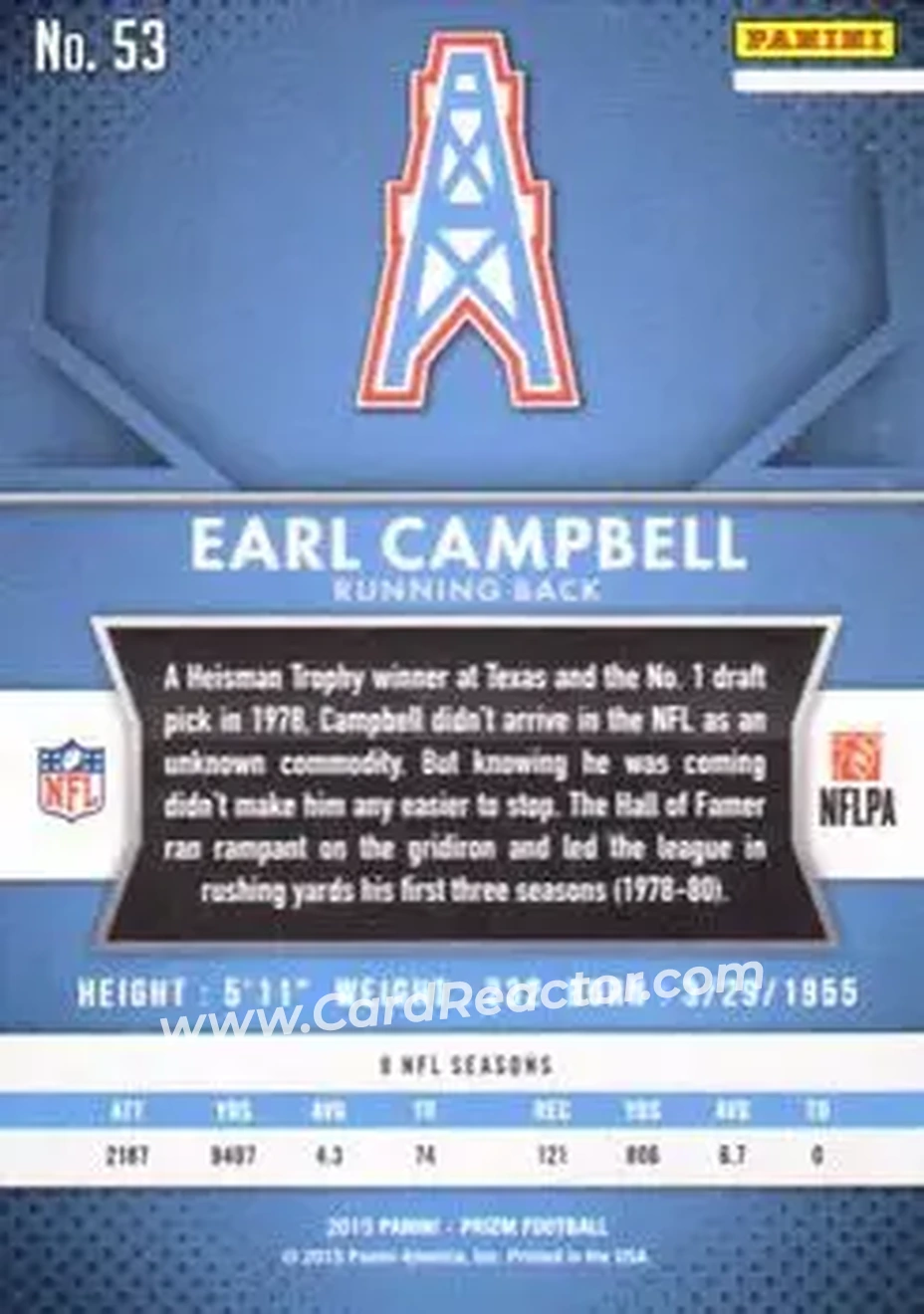 2015 Panini Prizm #53 - Earl Campbell - Houston Oilers - Back
