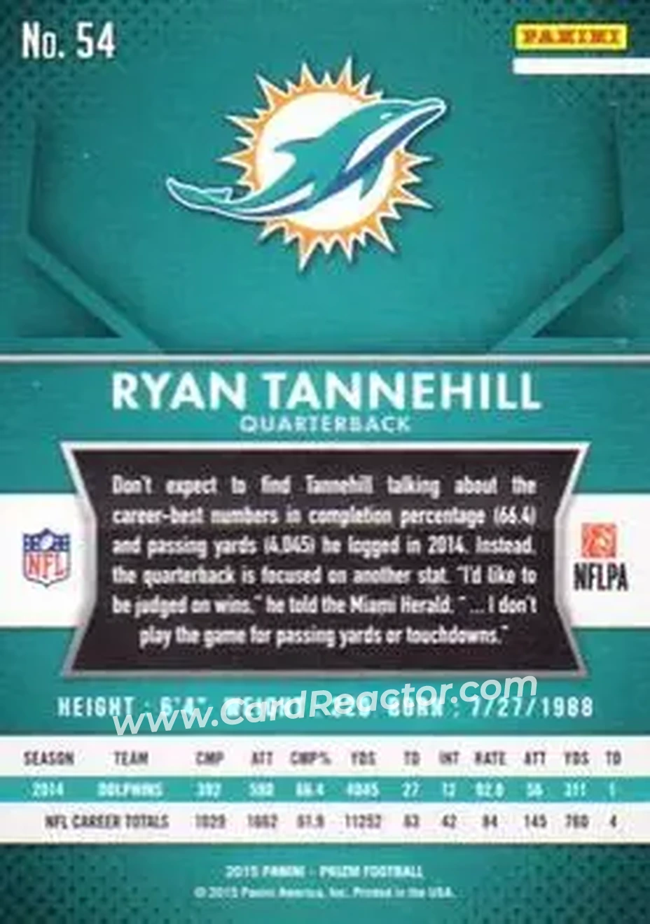 2015 Panini Prizm #54 - Ryan Tannehill - Miami Dolphins - Back
