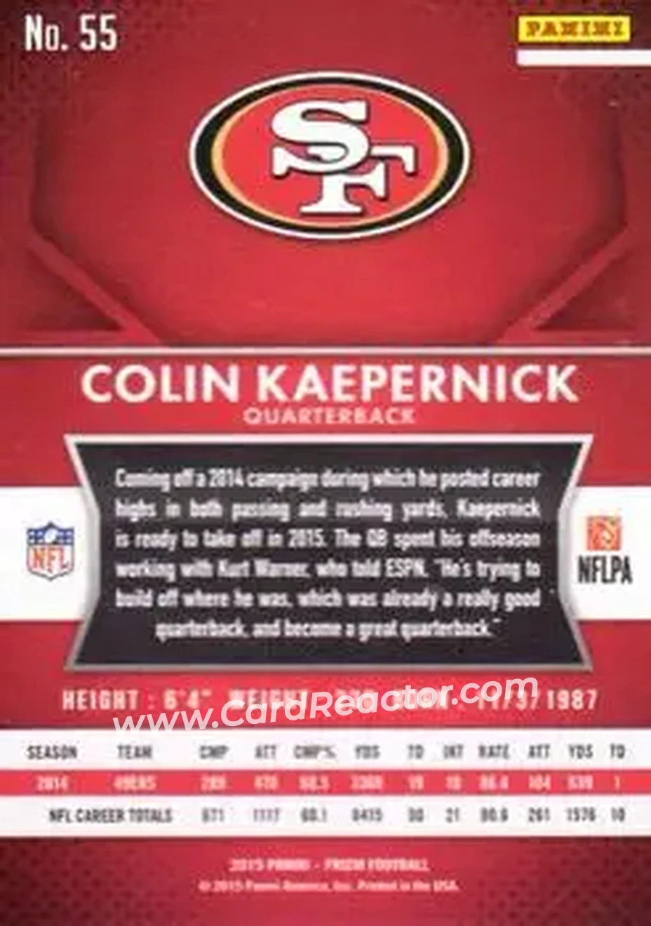 2015 Panini Prizm #55 - Colin Kaepernick - San Francisco 49ers - Back