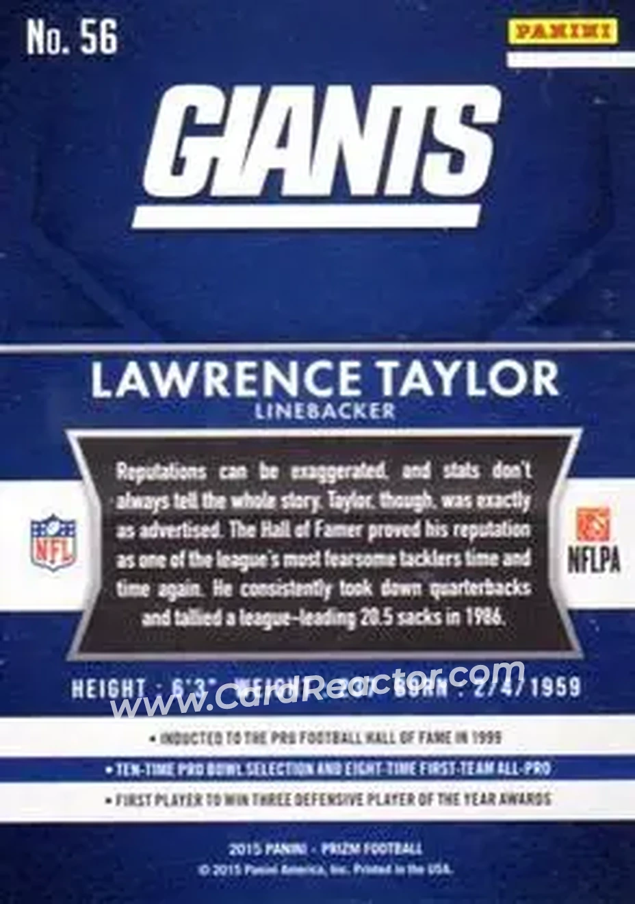 2015 Panini Prizm #56 - Lawrence Taylor - New York Giants - Back