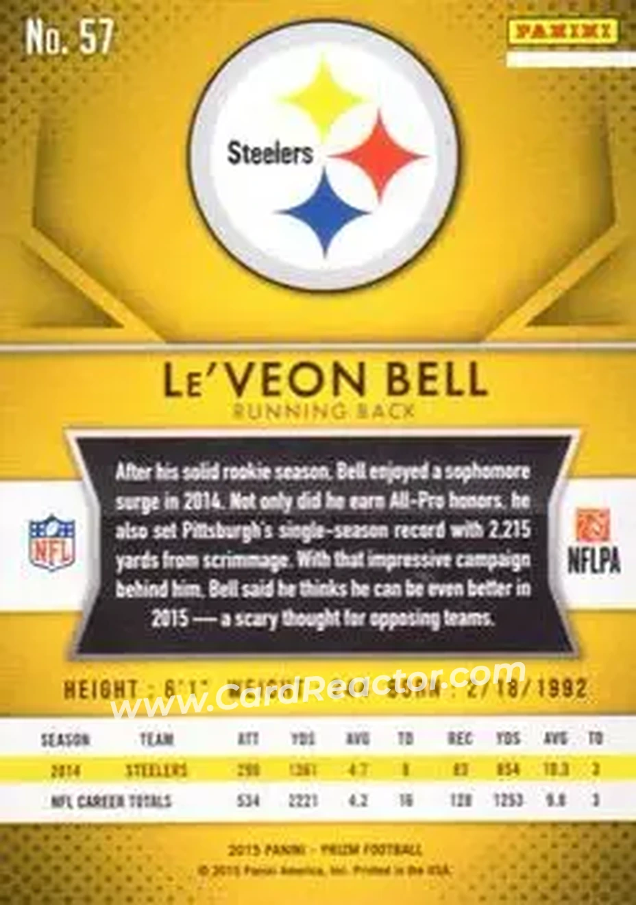 2015 Panini Prizm #57 - Le'Veon Bell - Pittsburgh Steelers - Back