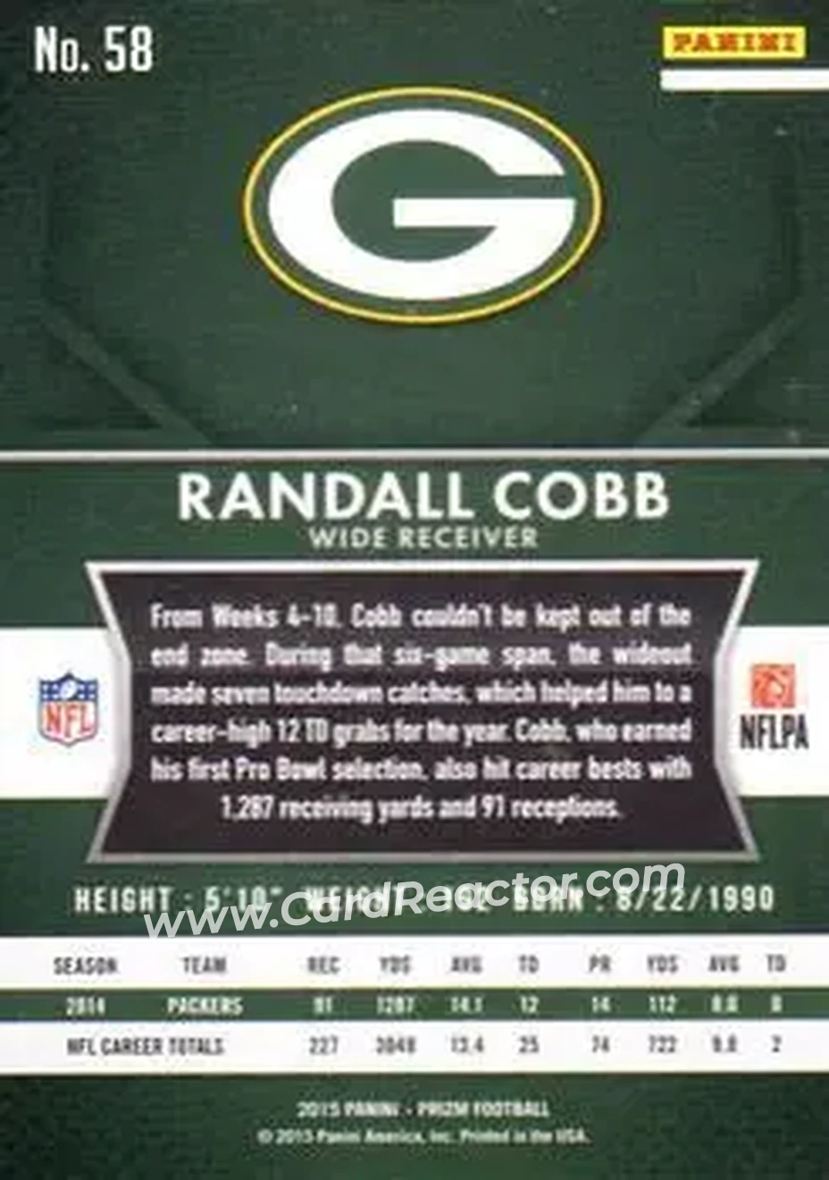 2015 Panini Prizm #58 - Randall Cobb - Green Bay Packers - Back