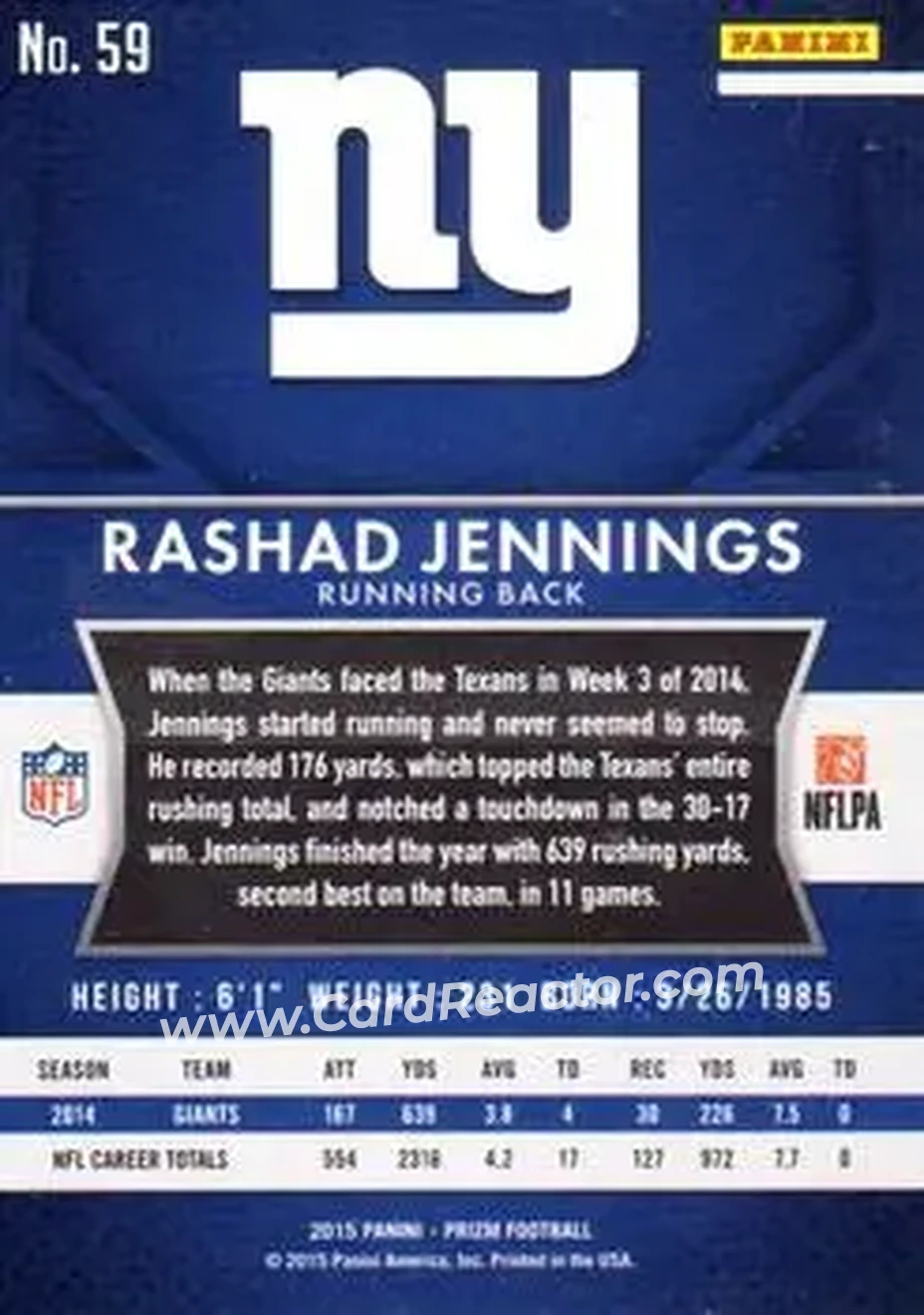 2015 Panini Prizm #59 - Rashad Jennings - New York Giants - Back