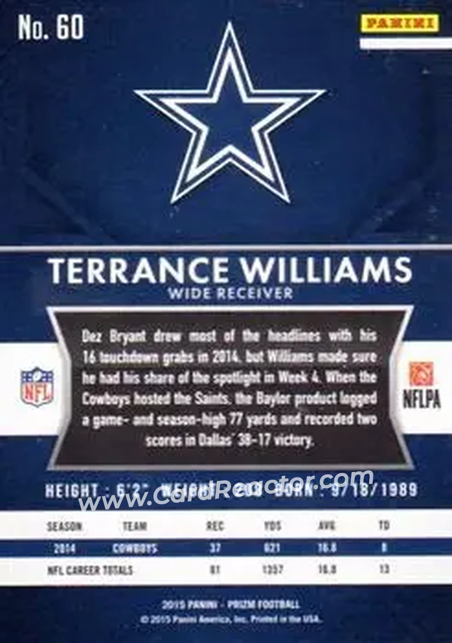 2015 Panini Prizm #60 - Terrance Williams - Dallas Cowboys - Back