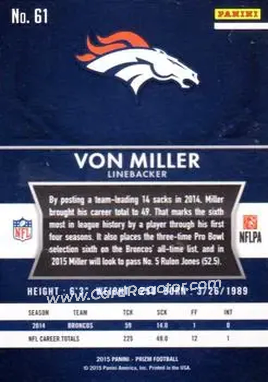 2015 Panini Prizm #61 - Von Miller - Denver Broncos - Back