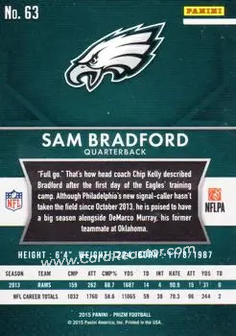 2015 Panini Prizm #63 - Sam Bradford - Philadelphia Eagles - Back