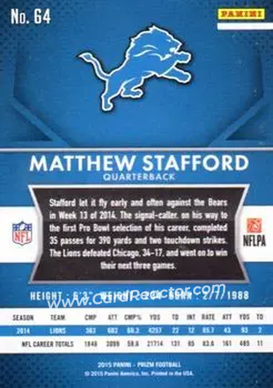 2015 Panini Prizm #64 - Matthew Stafford - Detroit Lions - Back