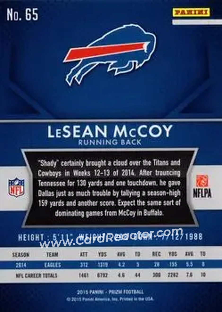 2015 Panini Prizm #65 - LeSean McCoy - Buffalo Bills - Back