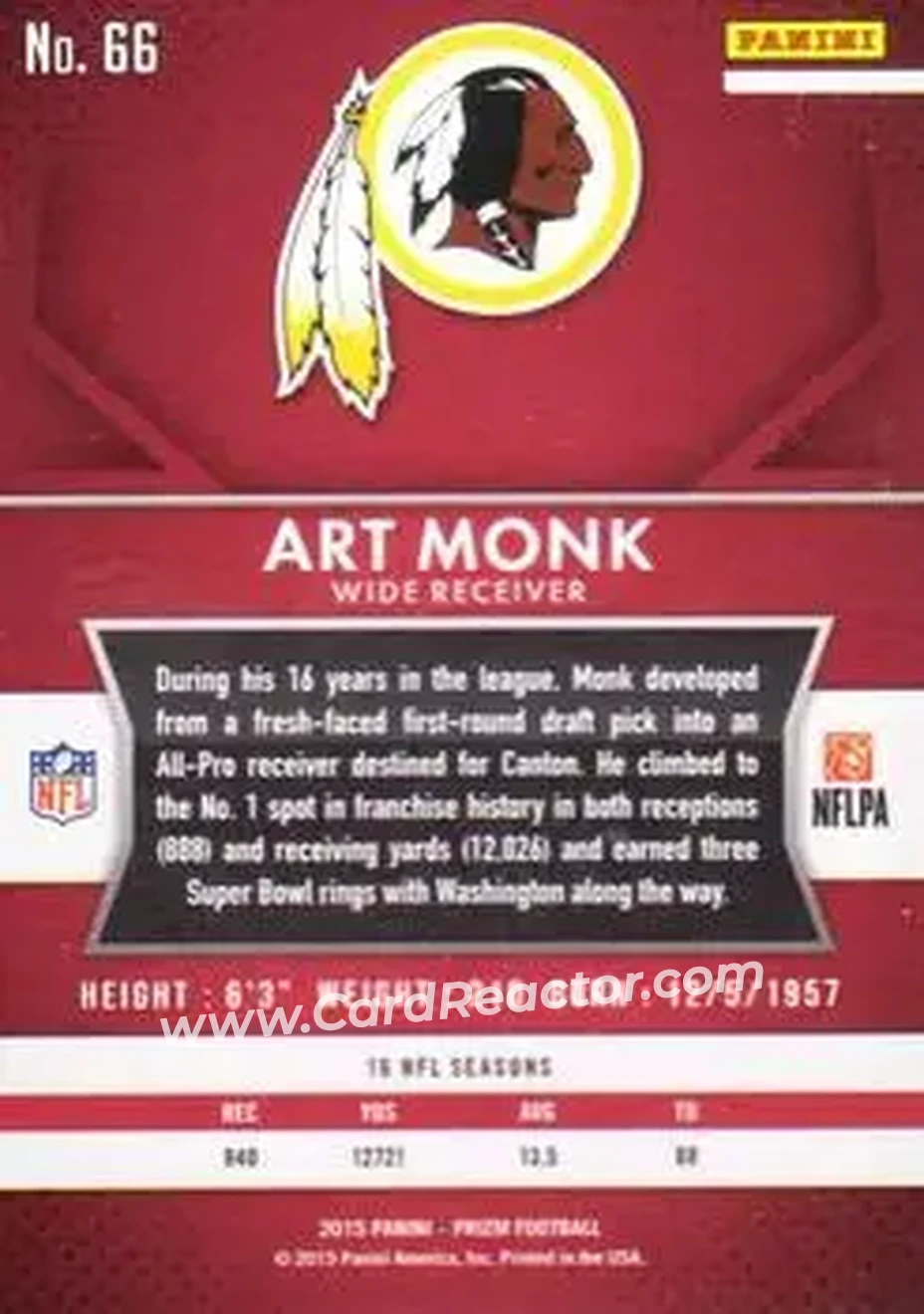 2015 Panini Prizm #66 - Art Monk - Washington Redskins - Back