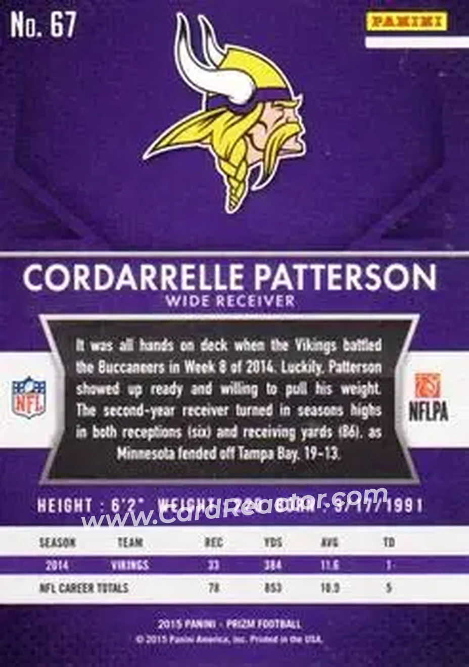2015 Panini Prizm #67 - Cordarrelle Patterson - Minnesota Vikings - Back