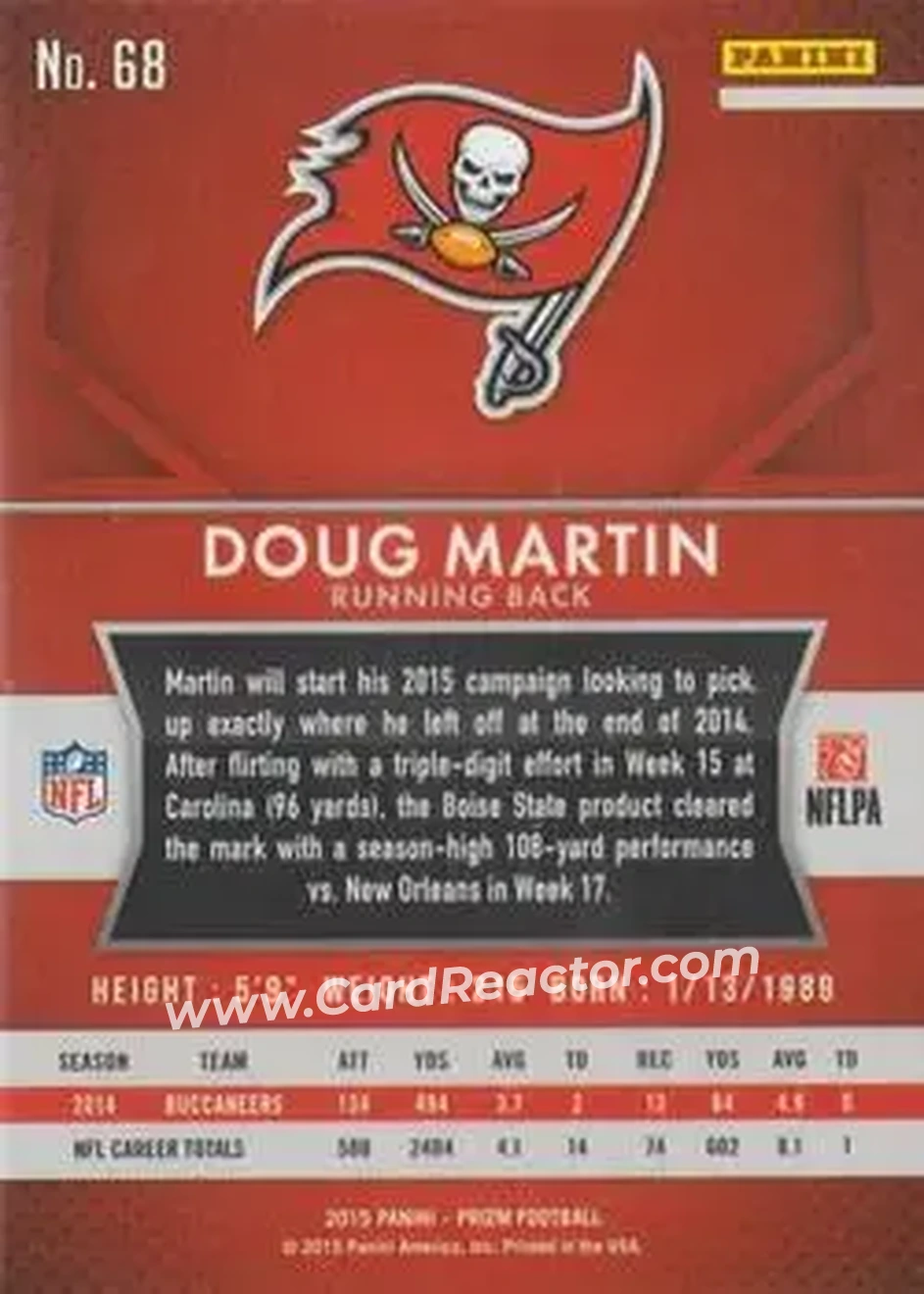 2015 Panini Prizm #68 - Doug Martin - Tampa Bay Buccaneers - Back