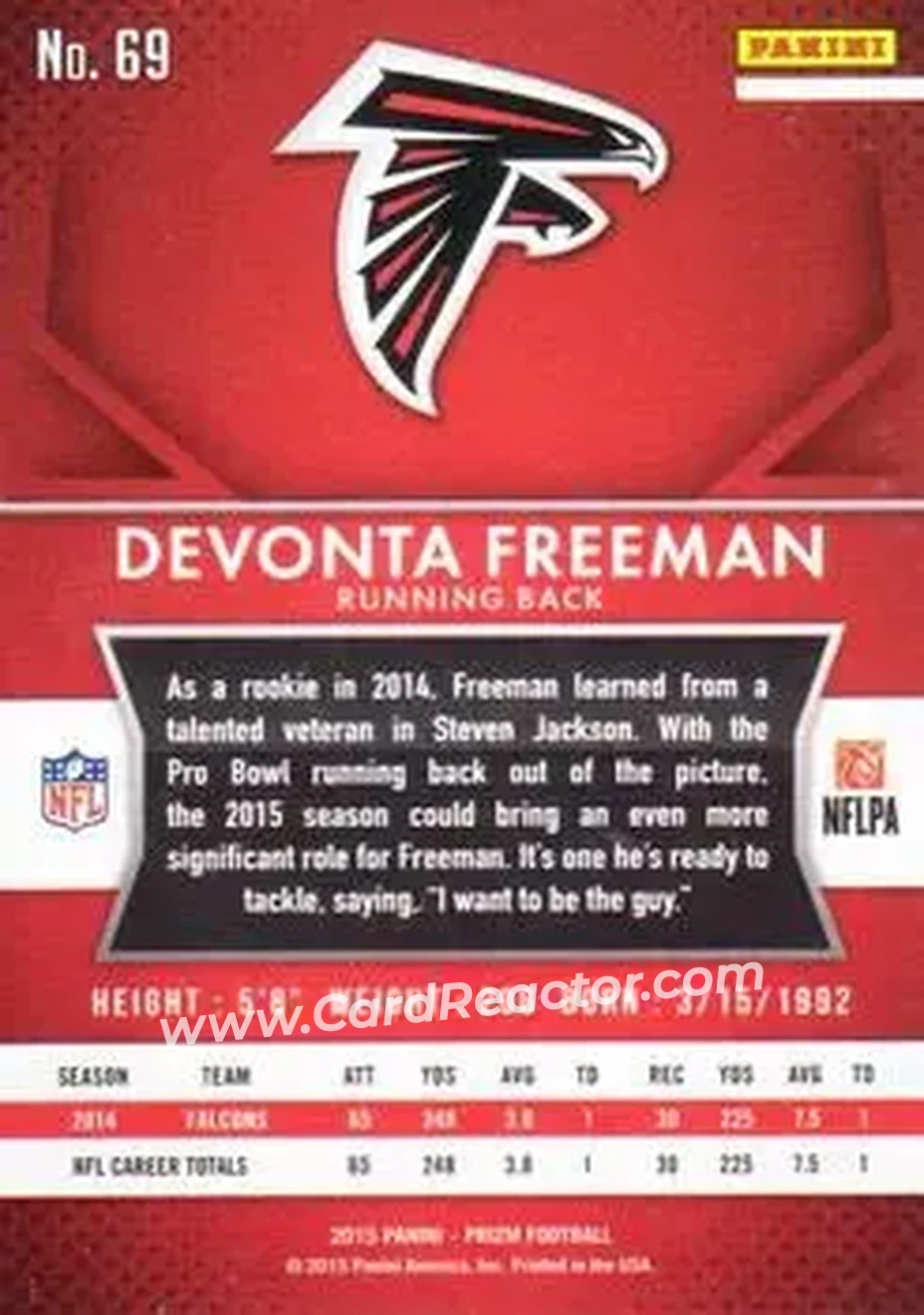 2015 Panini Prizm #69 - Devonta Freeman - Atlanta Falcons - Back 2015 Panini Prizm #69 - Devonta Freeman - Atlanta Falcons - Back