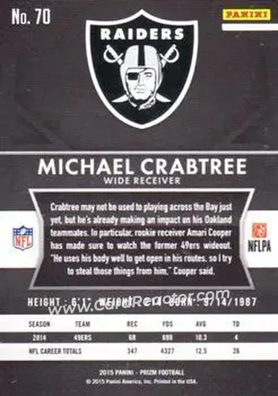 2015 Panini Prizm #70 - Michael Crabtree - Oakland Raiders - Back