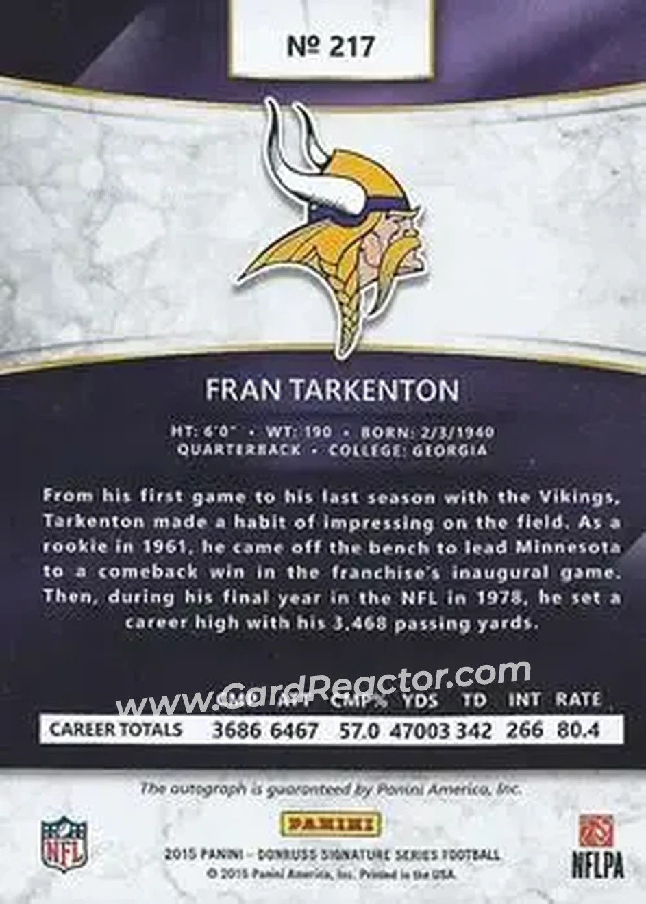 2015 Donruss Signature Series #217 - Fran Tarkenton - Minnesota Vikings - Back