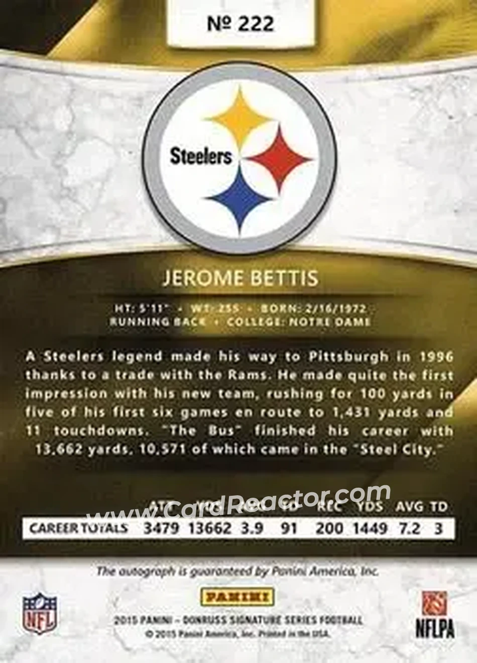 2015 Donruss Signature Series #222 - Jerome Bettis - Pittsburgh Steelers - Back