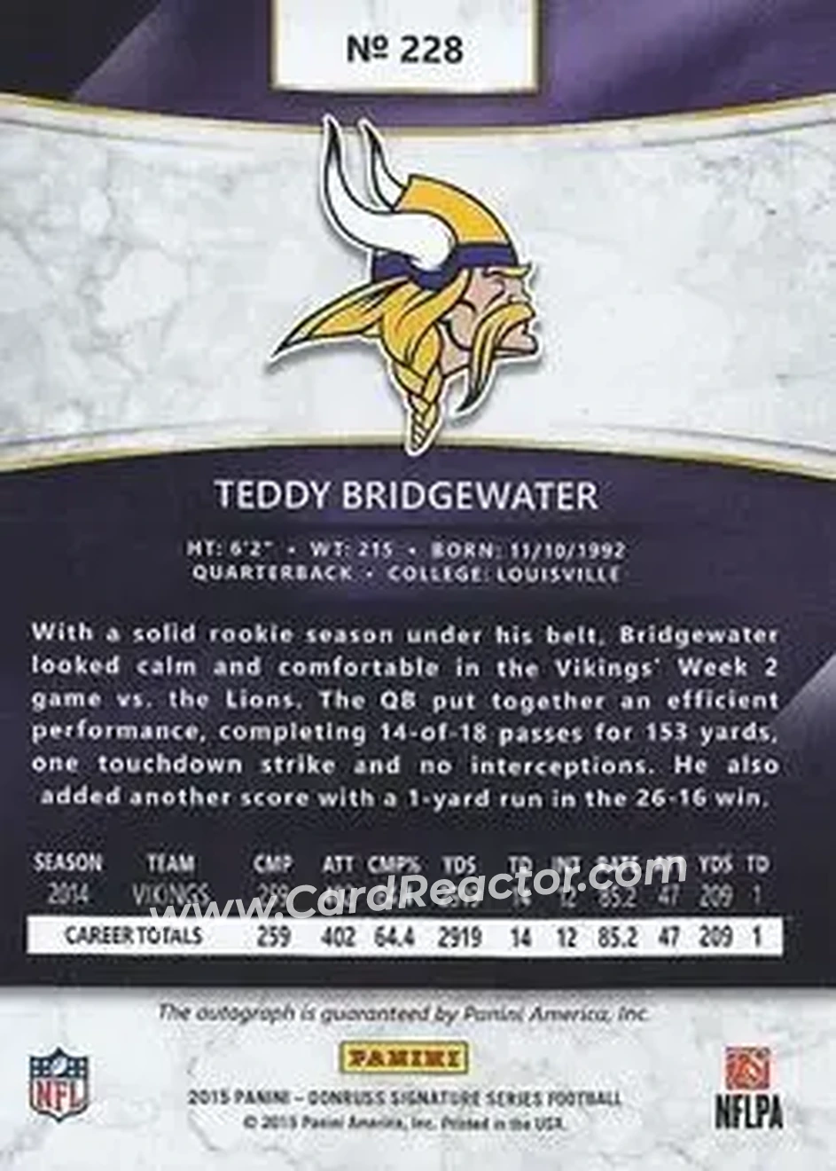 2015 Donruss Signature Series #228 - Teddy Bridgewater - Minnesota Vikings - Back