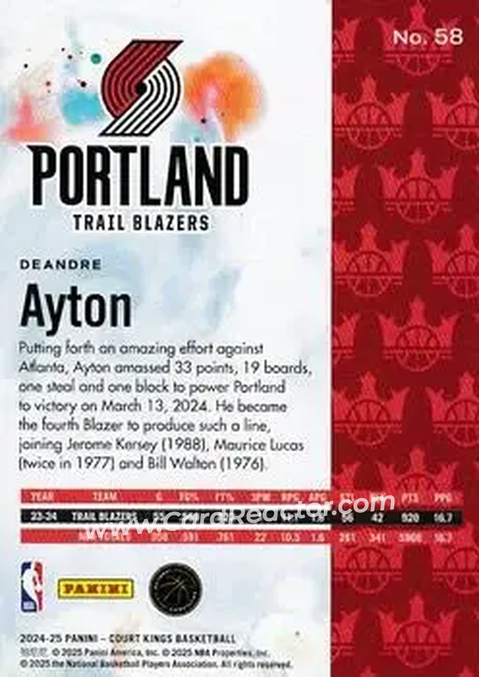 2024-25 Panini Court Kings #58 - Deandre Ayton - Portland Trail Blazers - Back 2024-25 Panini Court Kings #58 - Deandre Ayton - Portland Trail Blazers - Back