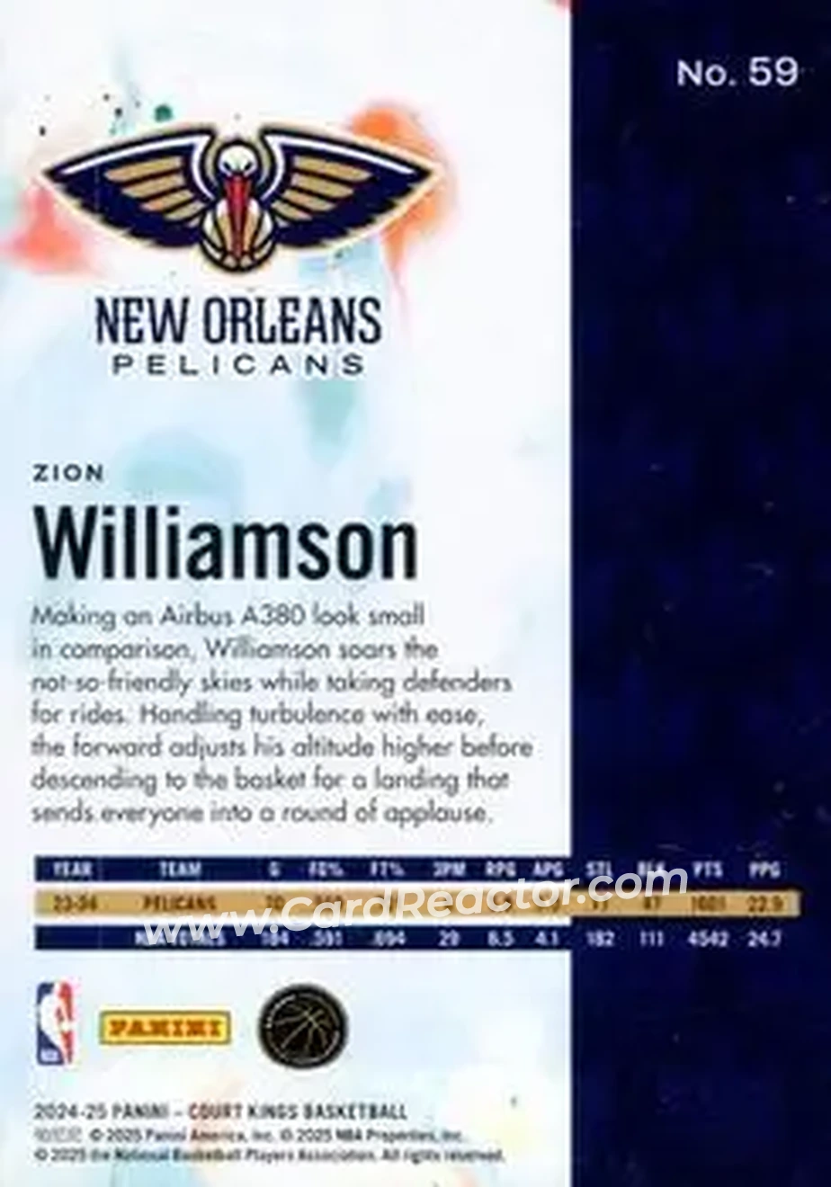 2024-25 Panini Court Kings #59 - Zion Williamson - New Orleans Pelicans - Back