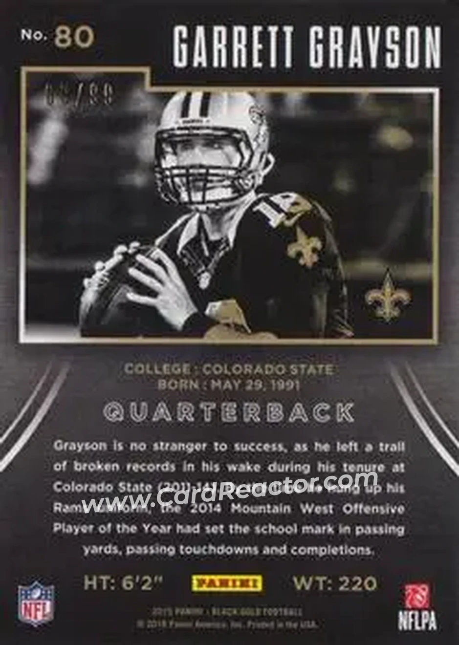 2015 Panini Black Gold - White Gold #80 - Garrett Grayson - New Orleans Saints - Back 2015 Panini Black Gold - White Gold #80 - Garrett Grayson - New Orleans Saints - Back