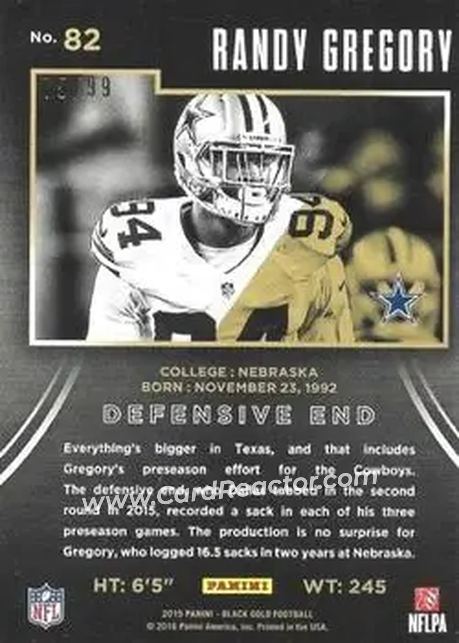 2015 Panini Black Gold - White Gold #82 - Randy Gregory - Dallas Cowboys - Back