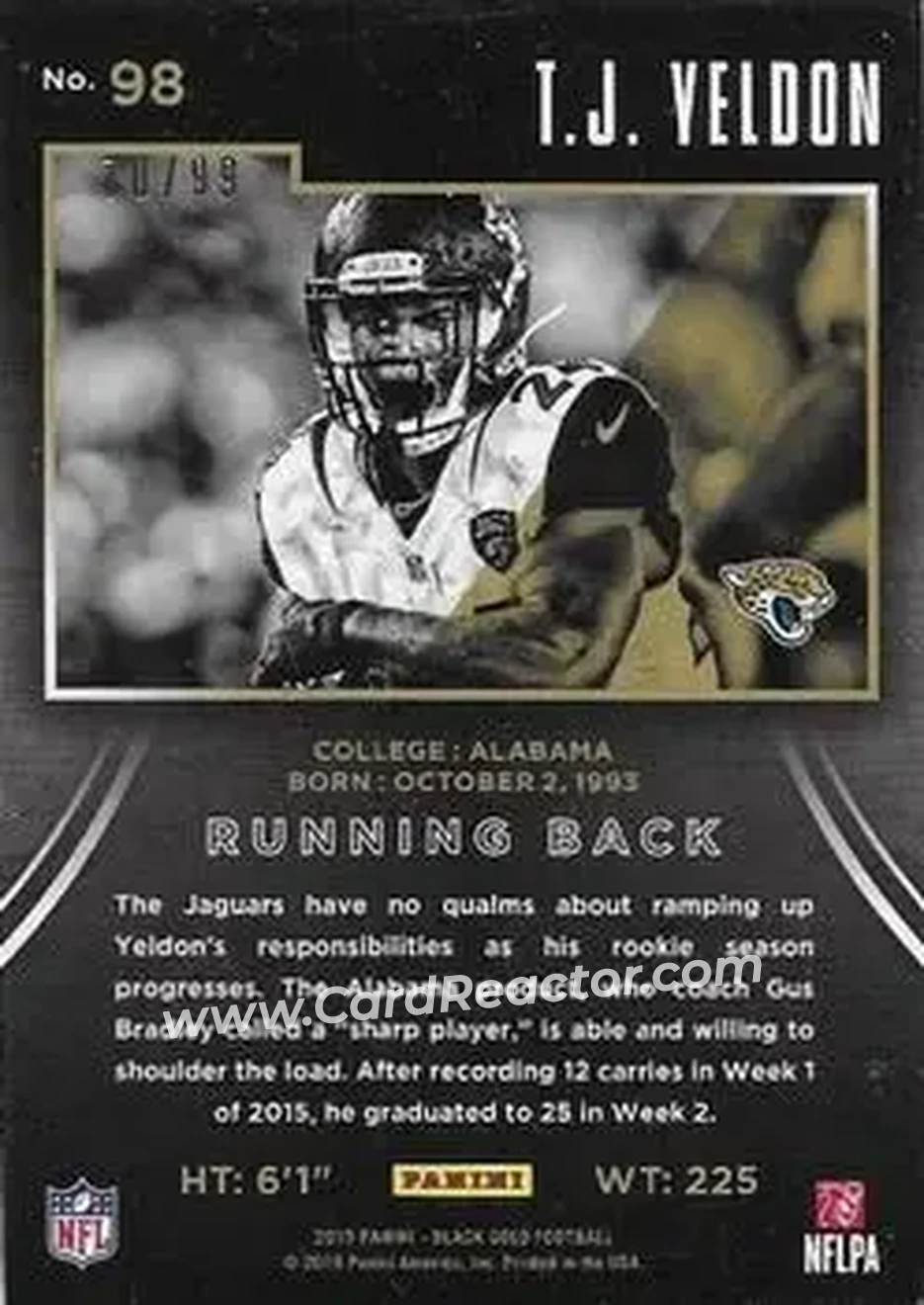 2015 Panini Black Gold - White Gold #98 - T.J. Yeldon - Jacksonville Jaguars - Back 2015 Panini Black Gold - White Gold #98 - T.J. Yeldon - Jacksonville Jaguars - Back