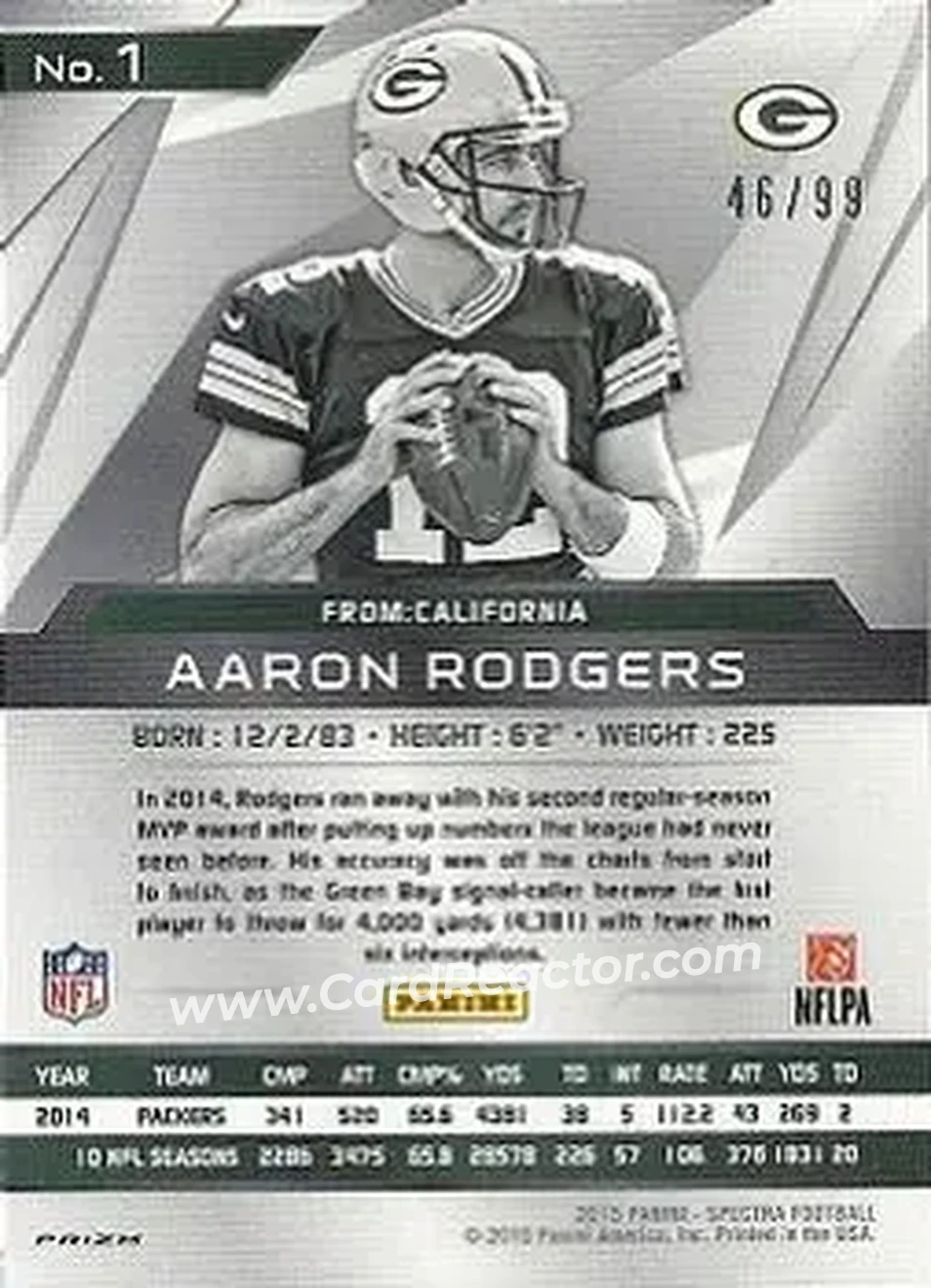 2015 Panini Spectra #1 - Aaron Rodgers - Green Bay Packers - Back