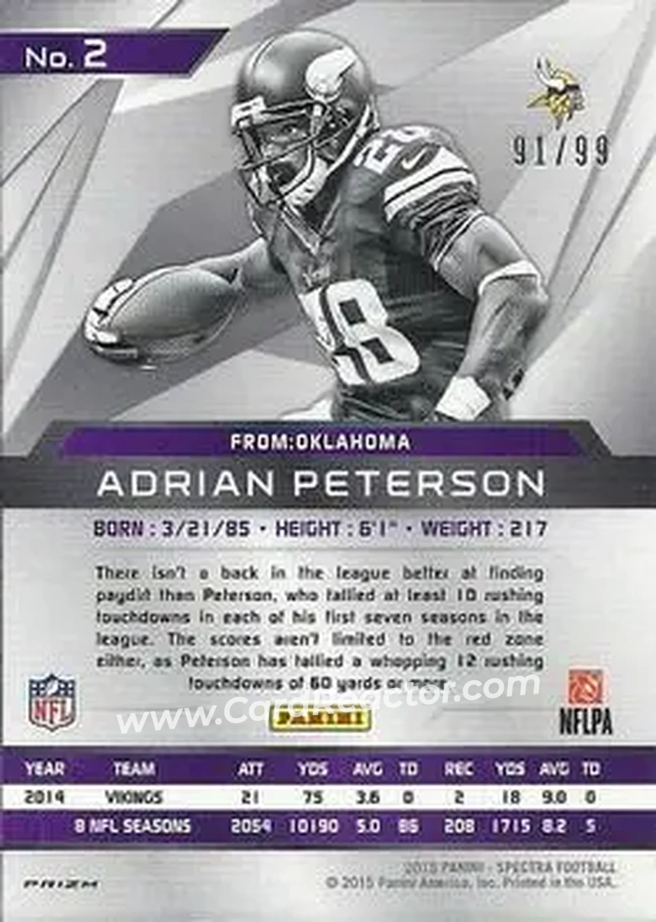 2015 Panini Spectra #2 - Adrian Peterson - Minnesota Vikings - Back